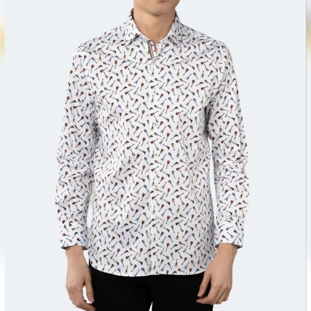 Luchiano Visconti White with Multicolor Guitar Print Long Sleeve Shirt